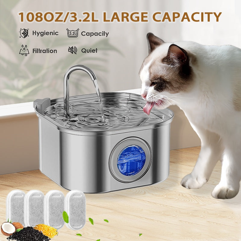 Cat Water Fountain Stainless Steel,108oz 3.2L Cat Fountain For Drinking - Pet Water Fountain Inside - Automatic Dog Watering Dispenser Bowl - Pet Feeding & Watering Supplies - Water Level Window