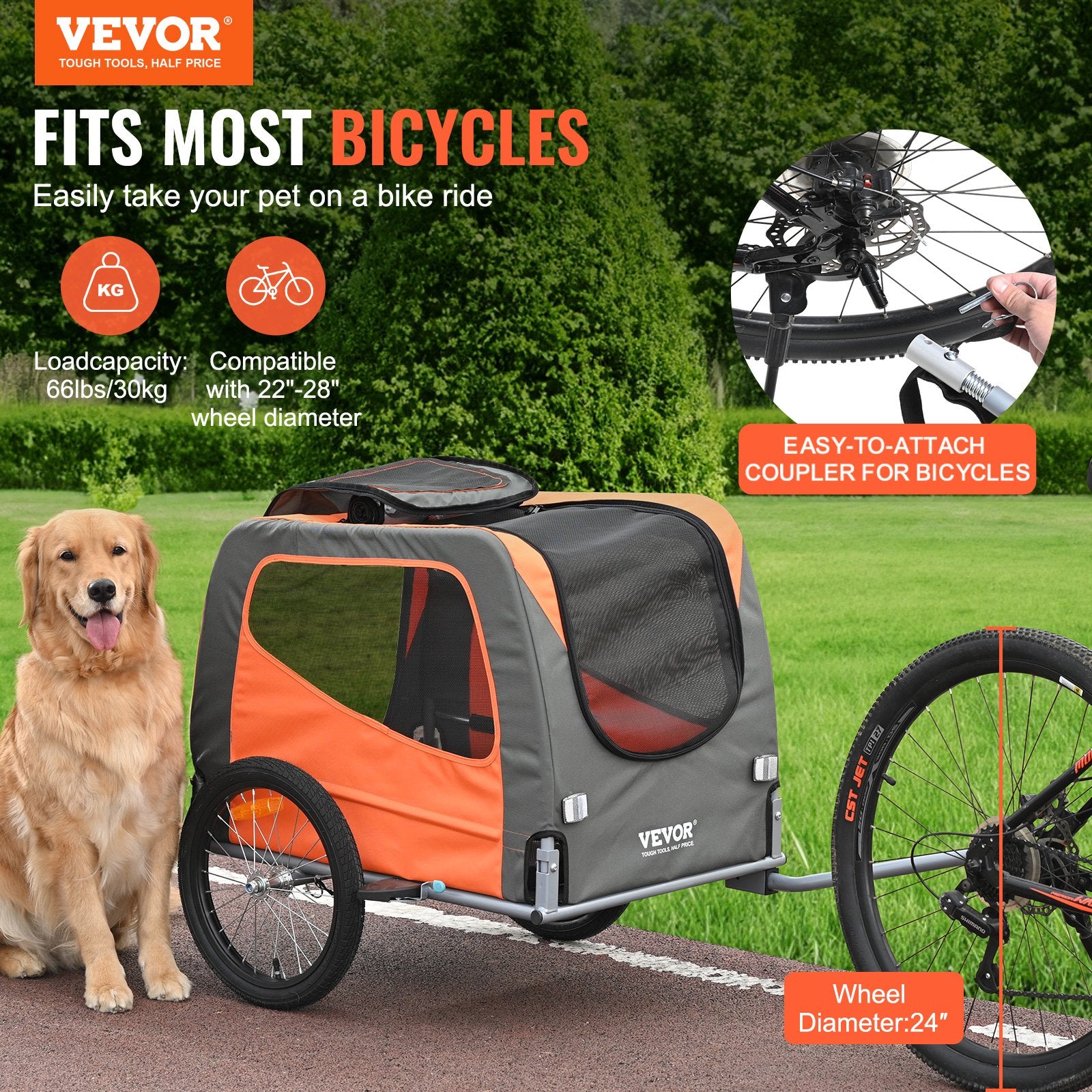 Dog Bike Trailer, Supports Up To 66 Lbs, Pet Cart Bicycle Carrier, Easy Folding Frame With Quick Release Wheels, Universal Bicycle Coupler, Reflectors, Flag, Collapsible To Store, Orange/Gray