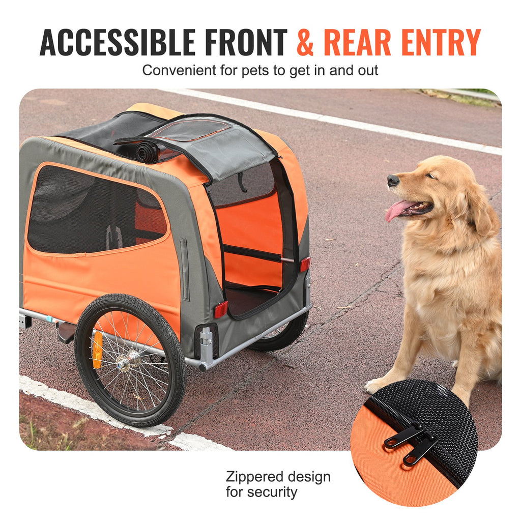 Dog Bike Trailer, Supports Up To 66 Lbs, Pet Cart Bicycle Carrier, Easy Folding Frame With Quick Release Wheels, Universal Bicycle Coupler, Reflectors, Flag, Collapsible To Store, Orange/Gray