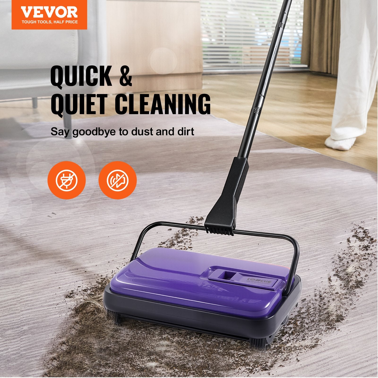 Carpet Sweeper Manual, Floor Sweeper With 300 Ml Dustbin Capacity Easy To Empty, 6.7 Inch Cleaning Width For Home Office Carpets Pet Hair Dust, Purple