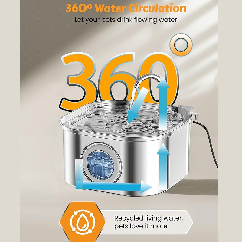 Cat Water Fountain Stainless Steel,108oz 3.2L Cat Fountain For Drinking - Pet Water Fountain Inside - Automatic Dog Watering Dispenser Bowl - Pet Feeding & Watering Supplies - Water Level Window