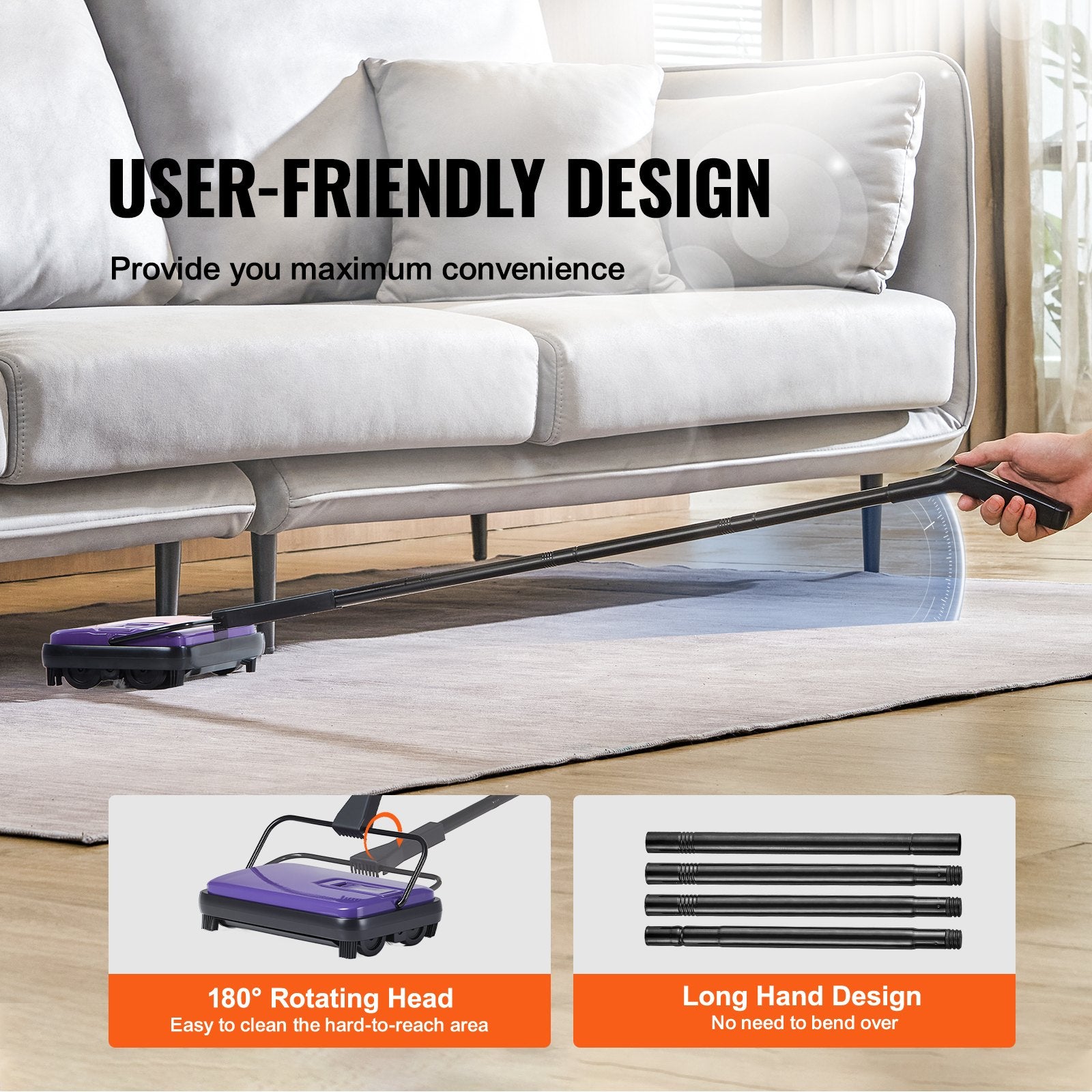 Carpet Sweeper Manual, Floor Sweeper With 300 Ml Dustbin Capacity Easy To Empty, 6.7 Inch Cleaning Width For Home Office Carpets Pet Hair Dust, Purple