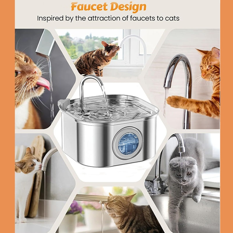 Cat Water Fountain Stainless Steel,108oz 3.2L Cat Fountain For Drinking - Pet Water Fountain Inside - Automatic Dog Watering Dispenser Bowl - Pet Feeding & Watering Supplies - Water Level Window