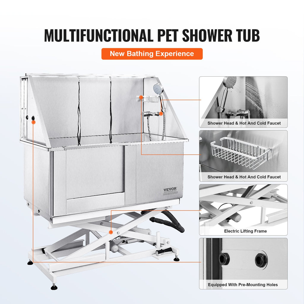 50" Pet Dog Bathing Station Electric Height Adjustment, Professional Stainless Steel Dog Grooming Tub W/ Soap Box, Faucet,Rich Accessory,Bathtub For Multiple Pets, Washing Sink For Home(Left)
