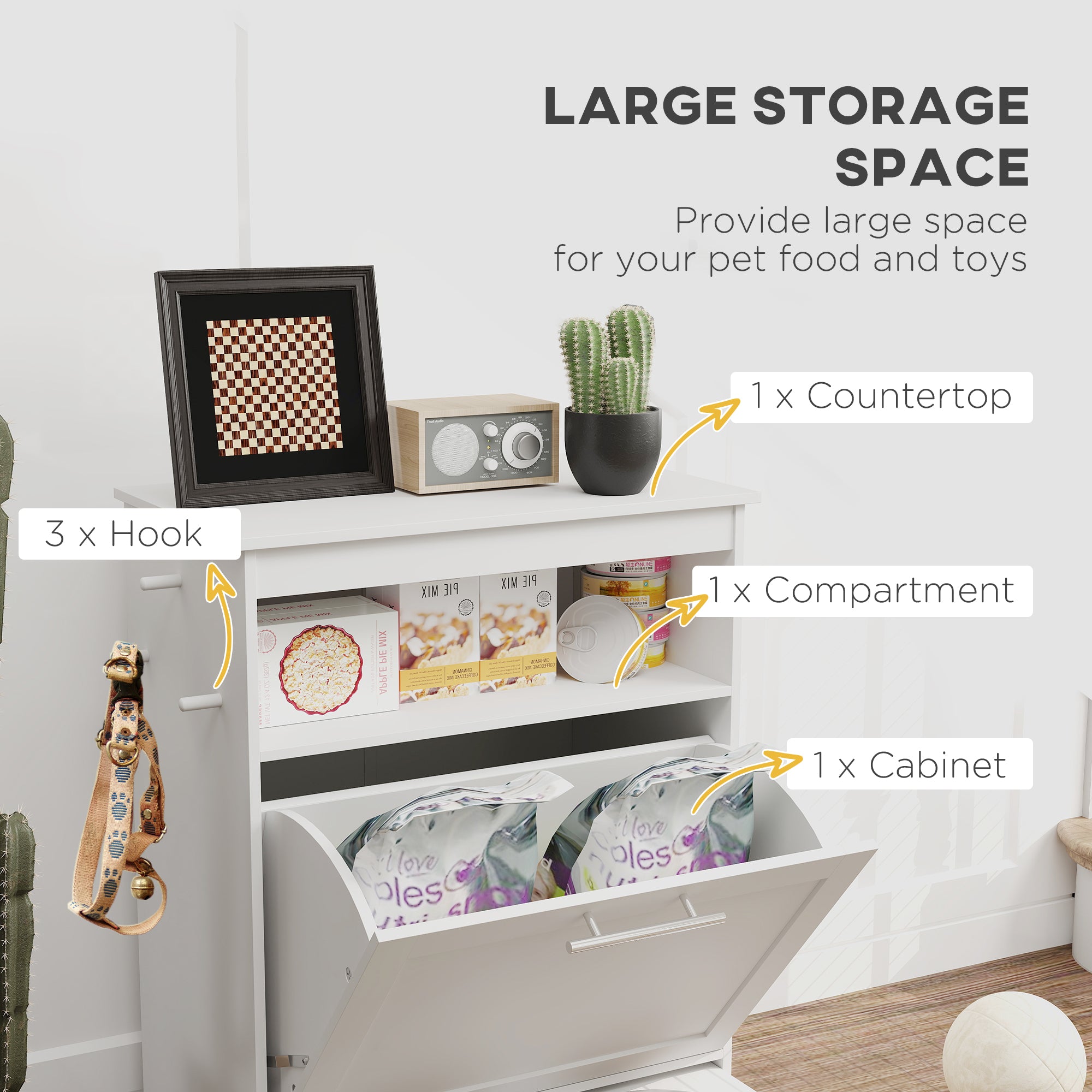 Pet Feeder Station Storage Cabinet, Dog Food Storage Container with Dog Raised Bowls, Watering Supplies, White