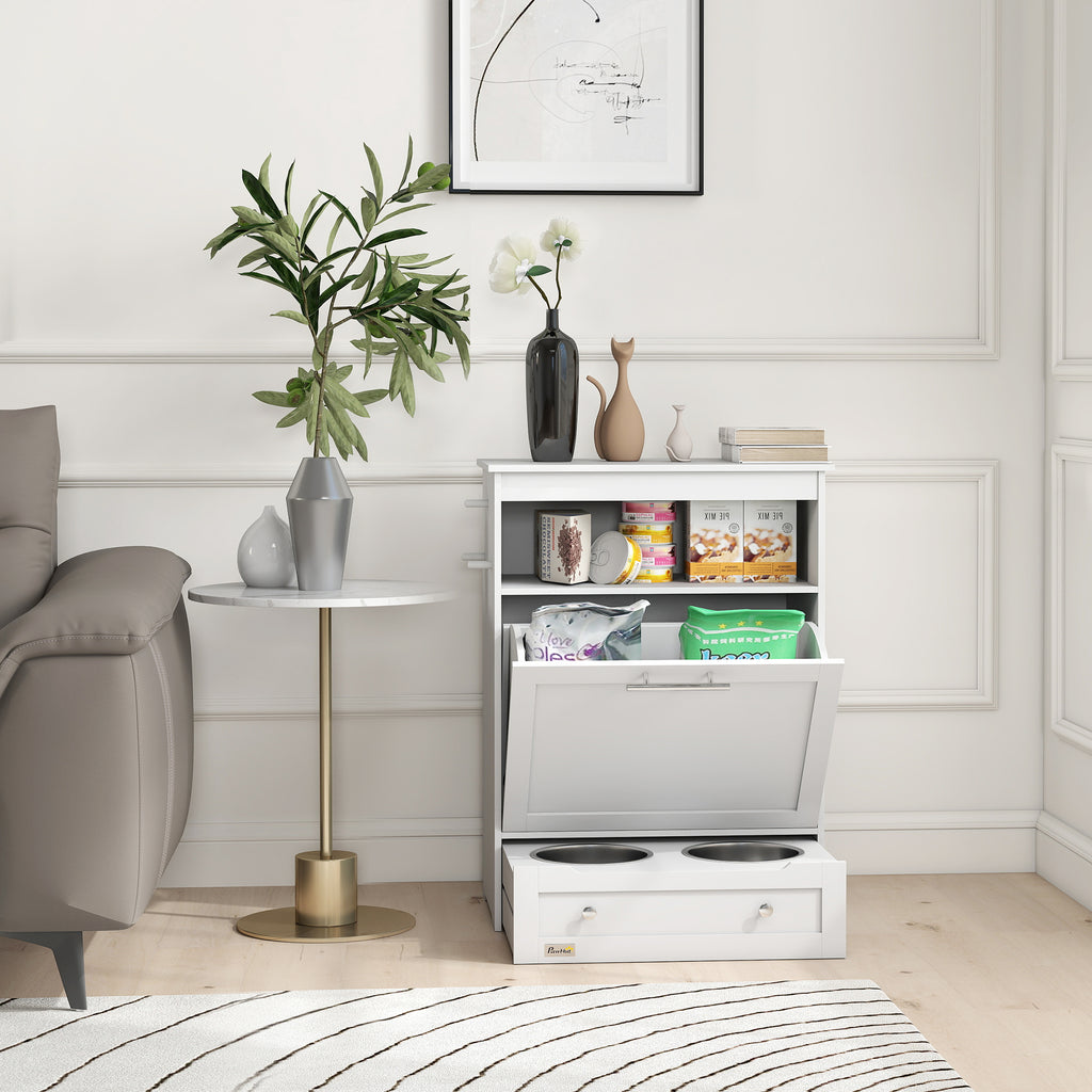 Pet Feeder Station Storage Cabinet, Dog Food Storage Container with Dog Raised Bowls, Watering Supplies, White