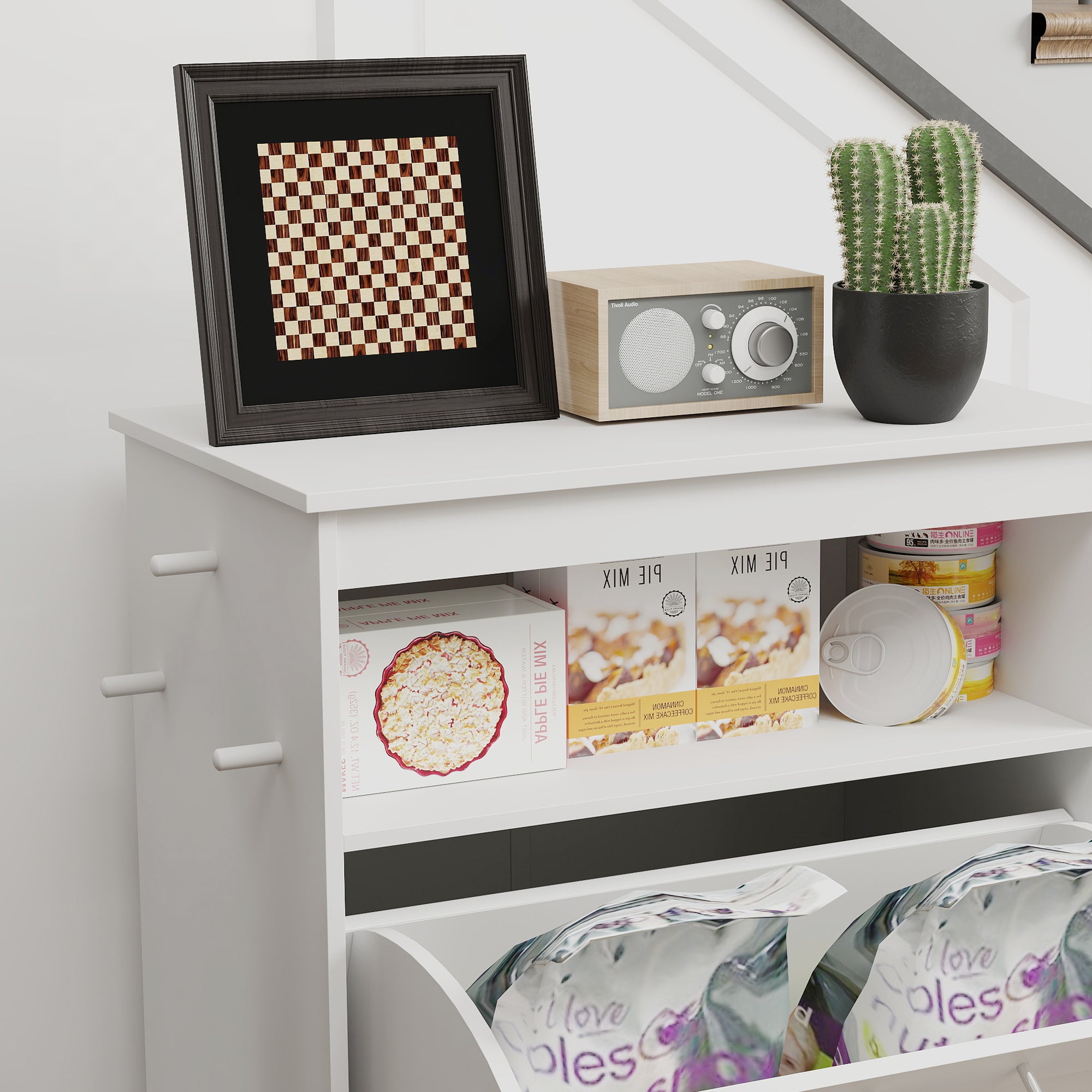 Pet Feeder Station Storage Cabinet, Dog Food Storage Container with Dog Raised Bowls, Watering Supplies, White