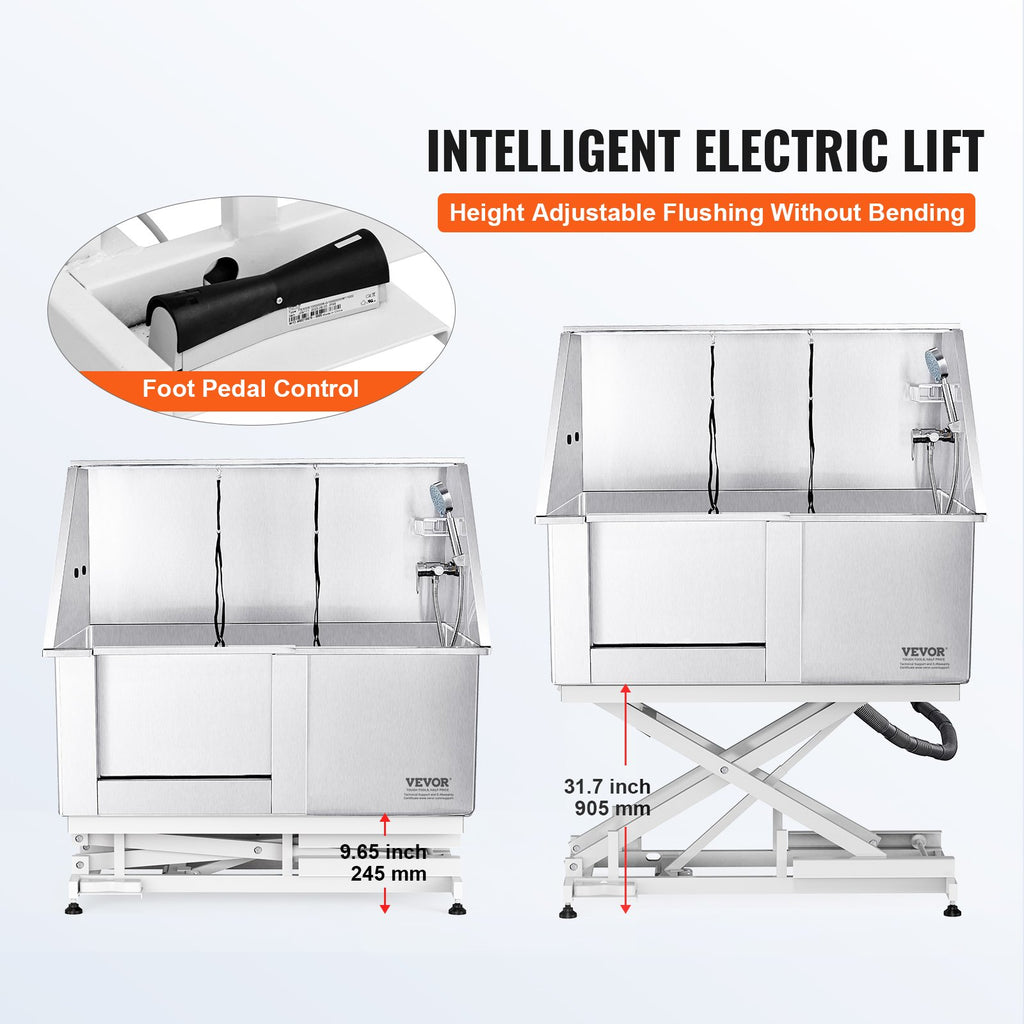 50" Pet Dog Bathing Station Electric Height Adjustment, Professional Stainless Steel Dog Grooming Tub W/ Soap Box, Faucet,Rich Accessory,Bathtub For Multiple Pets, Washing Sink For Home(Left)